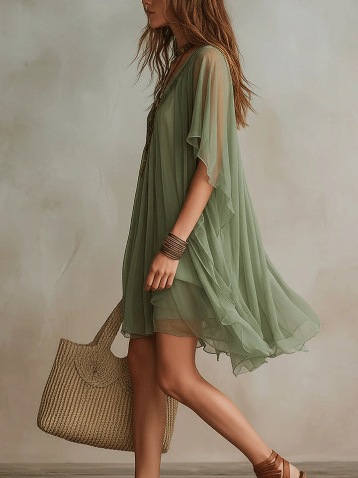Groene Chiffon V-hals Laagjes Vloeiende Mini Jurk