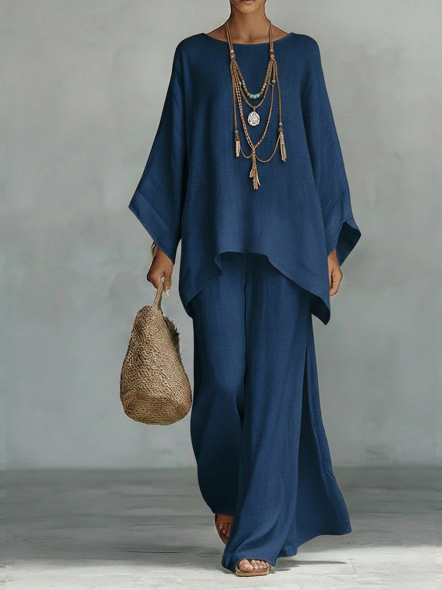 Minimalistische Faux Linnen Blend Vloeiende Top En Broek Twee-delige Set