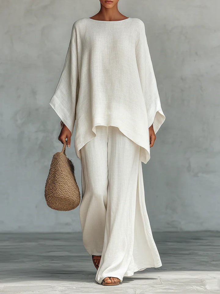 Minimalistische Faux Linnen Blend Vloeiende Top En Broek Twee-delige Set