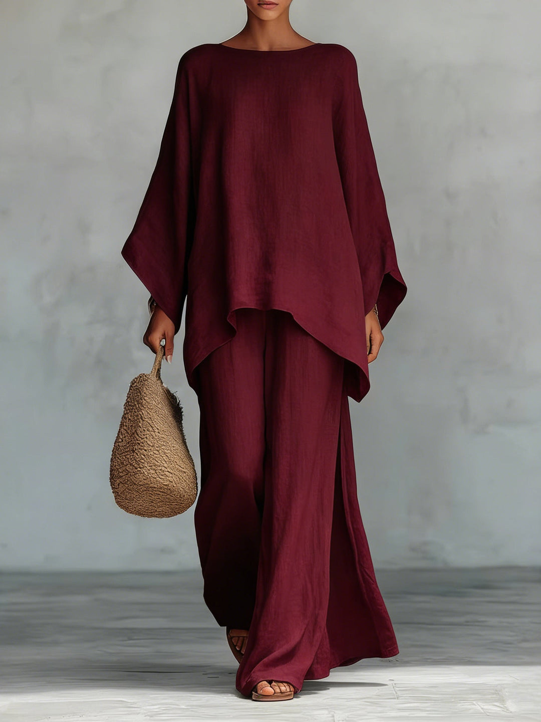 Minimalistische Faux Linnen Blend Vloeiende Top En Broek Twee-delige Set