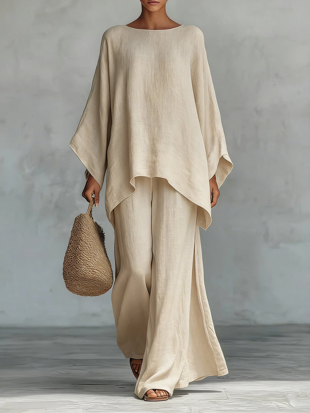 Minimalistische Faux Linnen Blend Vloeiende Top En Broek Twee-delige Set