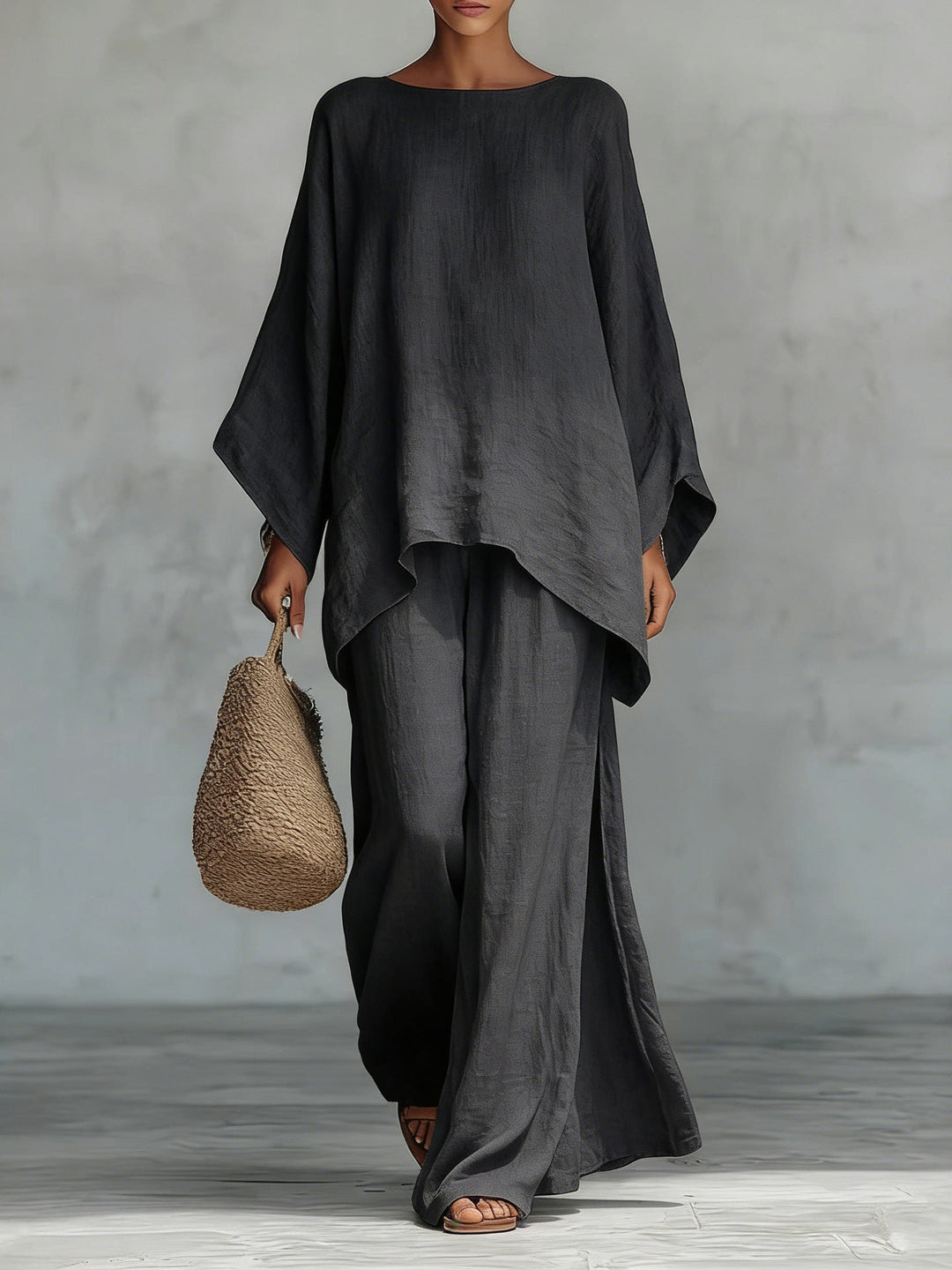 Minimalistische Faux Linnen Blend Vloeiende Top En Broek Twee-delige Set