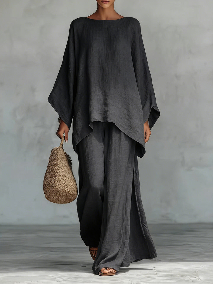 Minimalistische Faux Linnen Blend Vloeiende Top En Broek Twee-delige Set