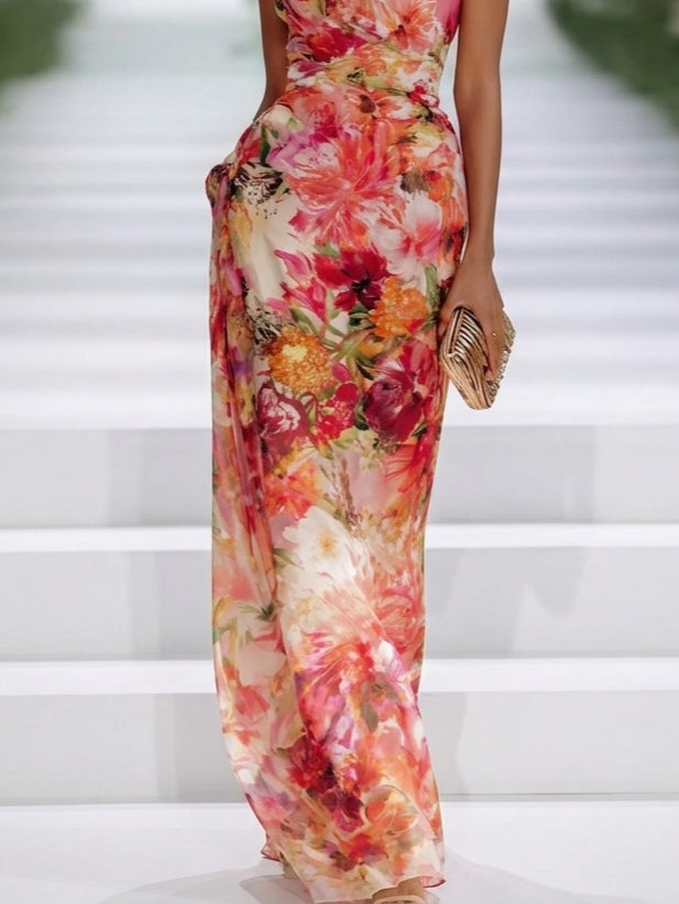 Rode Chiffon Bloemen Halternek Mouwloze Maxi Jurk