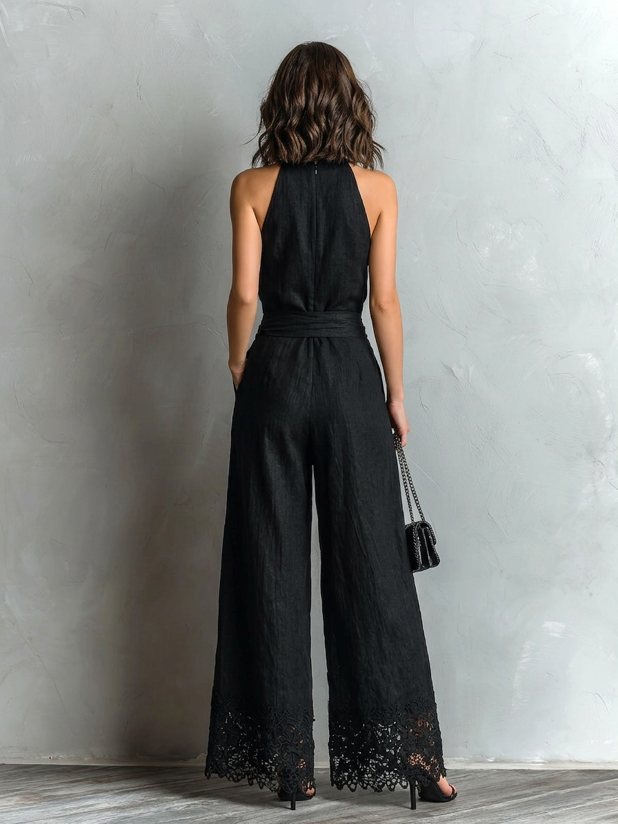 Zwarte Faux Katoen-linnen Halter Nek Vest Met Strik-bloemrand Brede Pantalon Set