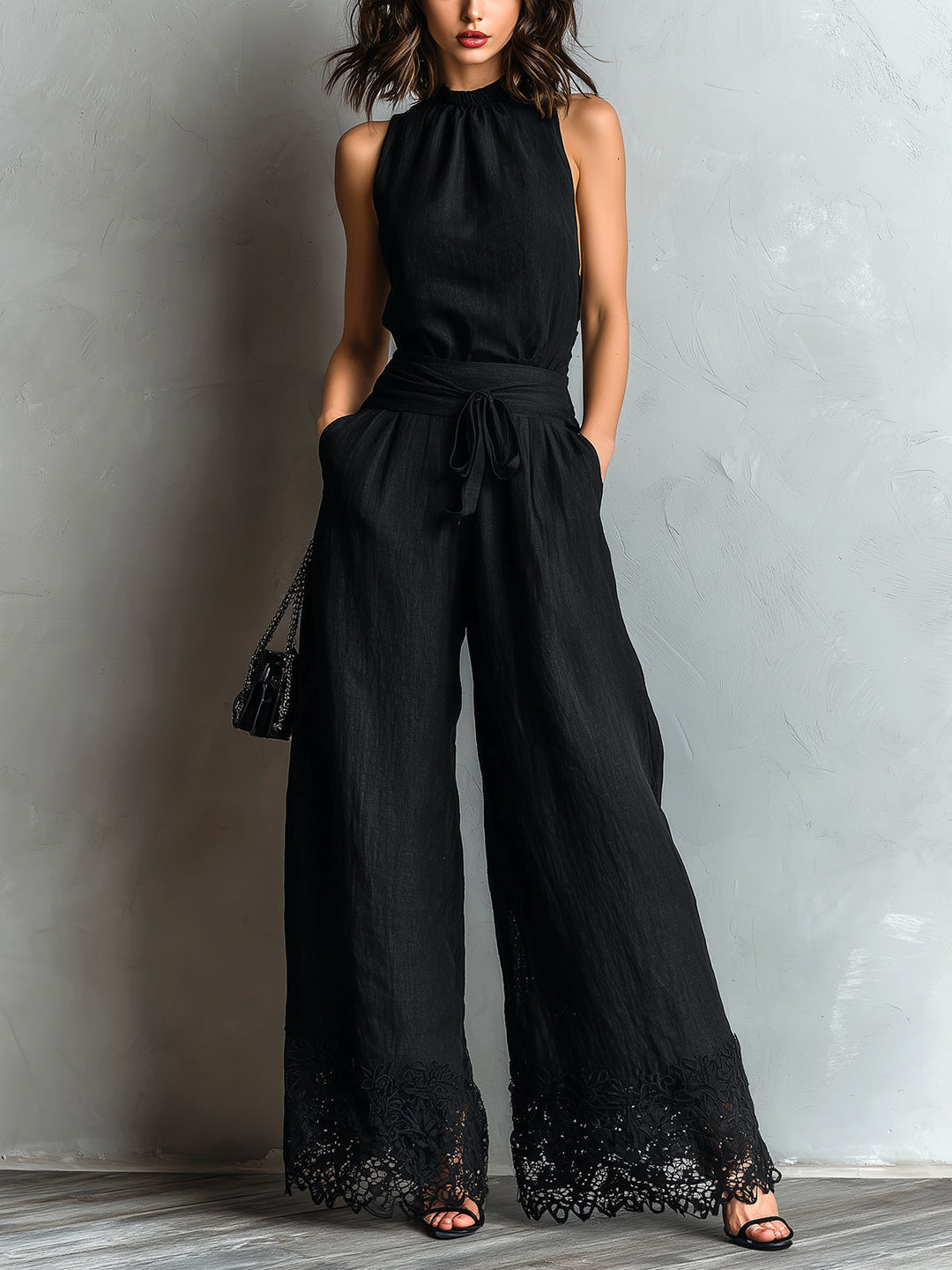 Zwarte Faux Katoen-linnen Halter Nek Vest Met Strik-bloemrand Brede Pantalon Set
