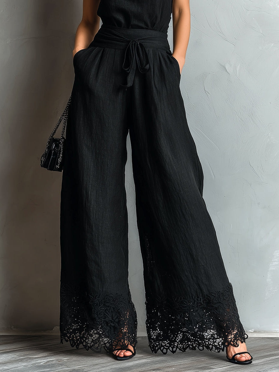 Zwarte Faux Katoen-linnen Halter Nek Vest Met Strik-bloemrand Brede Pantalon Set