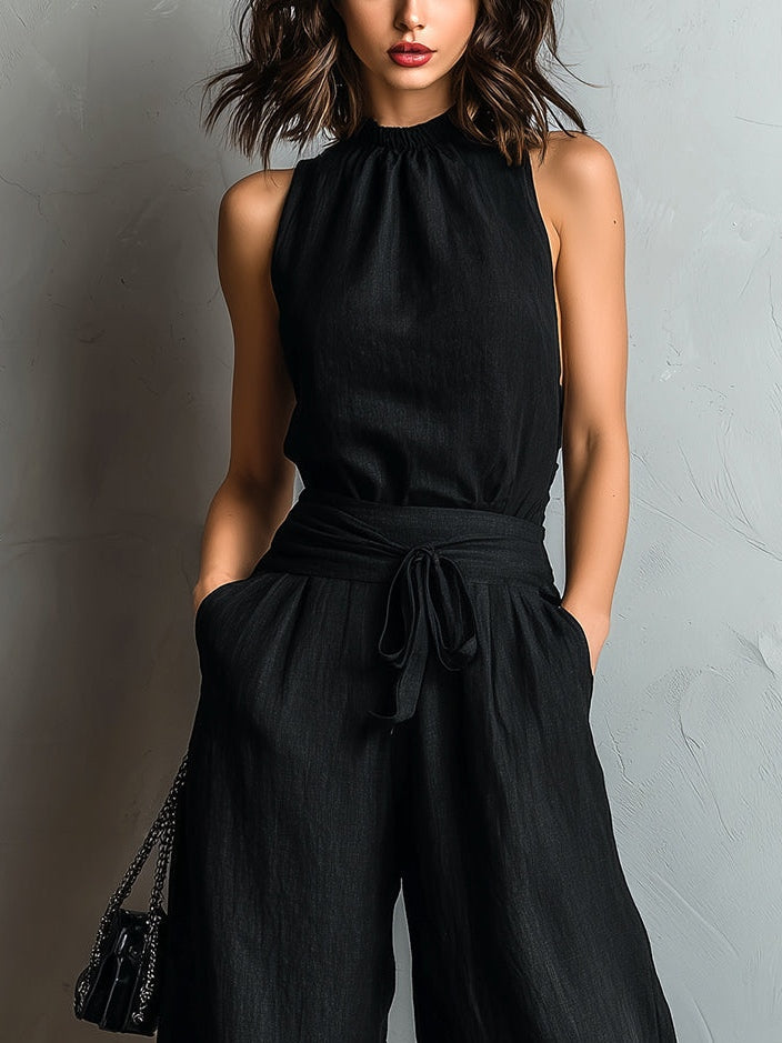 Zwarte Faux Katoen-linnen Halter Nek Vest Met Strik-bloemrand Brede Pantalon Set