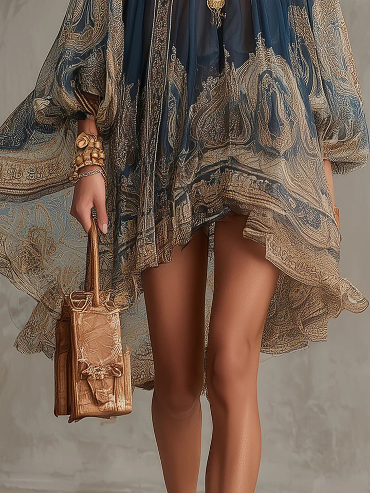 Marianna | Mini jurk in marineblauwe chiffon met gouden barokprint