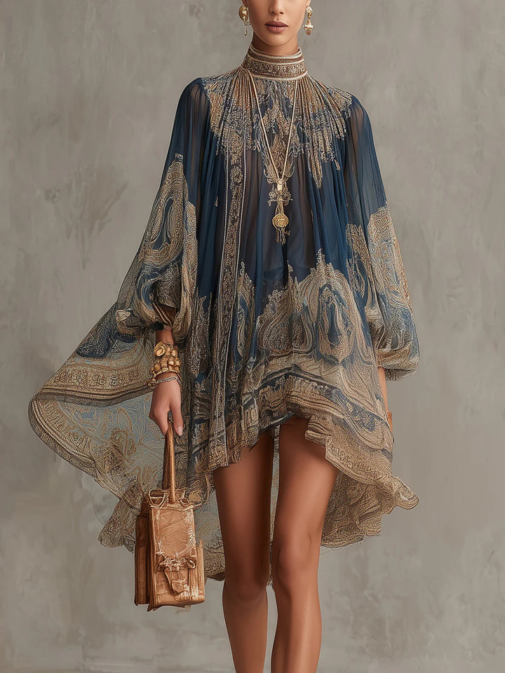 Marianna | Mini jurk in marineblauwe chiffon met gouden barokprint