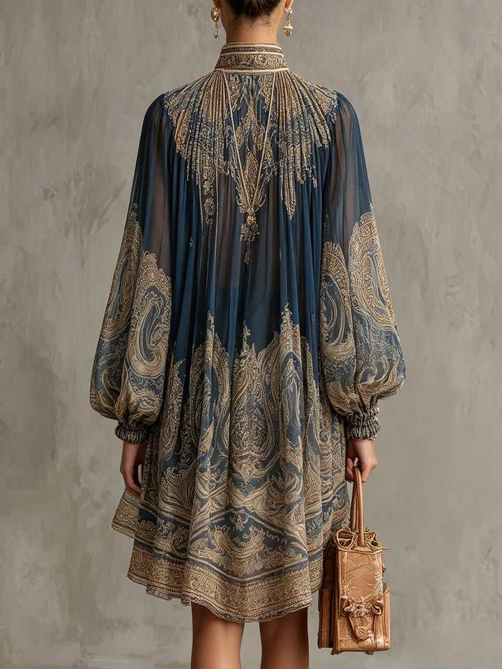 Marianna | Mini jurk in marineblauwe chiffon met gouden barokprint