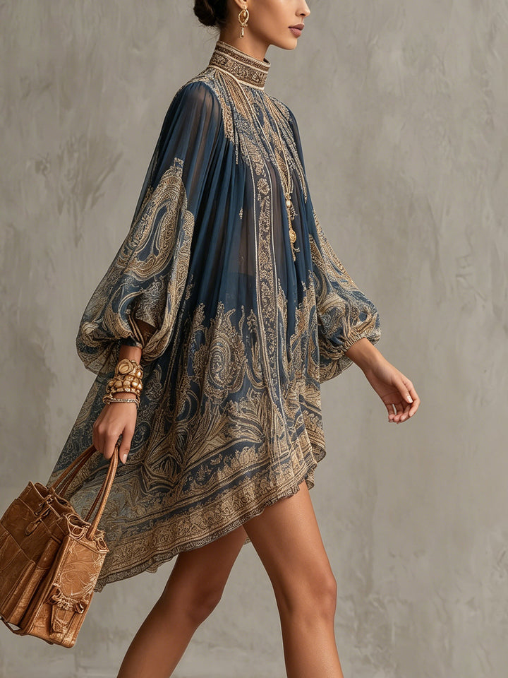 Marianna | Mini jurk in marineblauwe chiffon met gouden barokprint