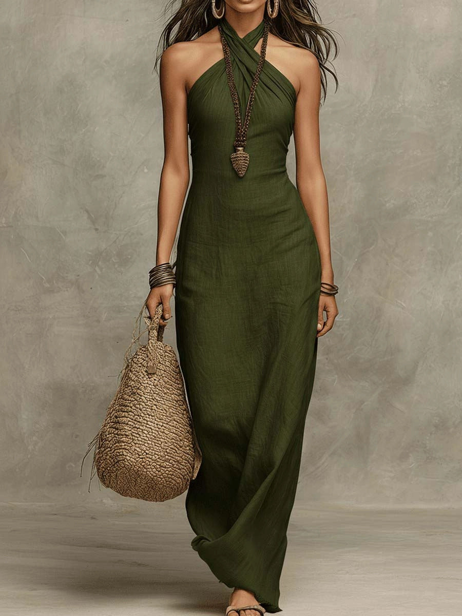 Zachte Drapé Halter Kolom Faux Linnen Halter Maxi Jurk