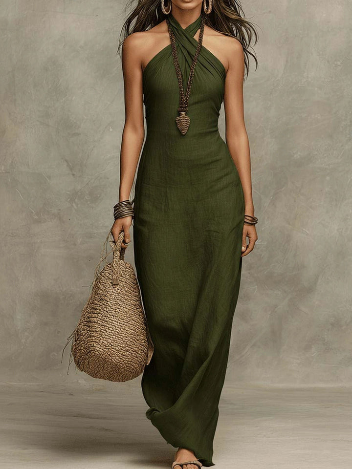 Zachte Drapé Halter Kolom Faux Linnen Halter Maxi Jurk