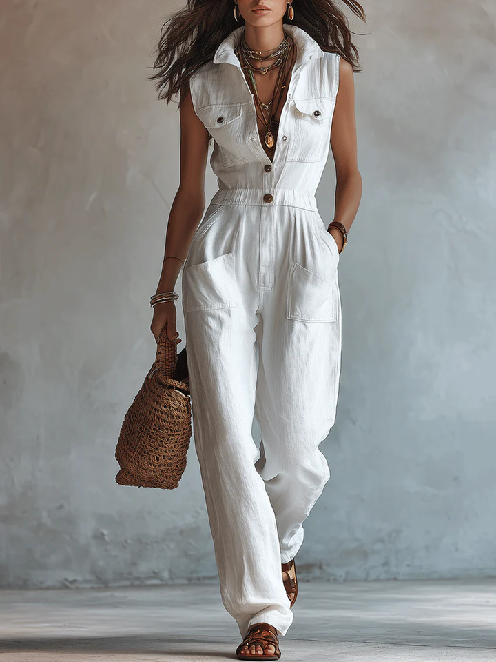 Witte Mouwloze Faux Katoen-Linnen Jumpsuit