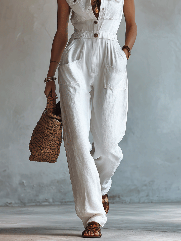 Witte Mouwloze Faux Katoen-Linnen Jumpsuit