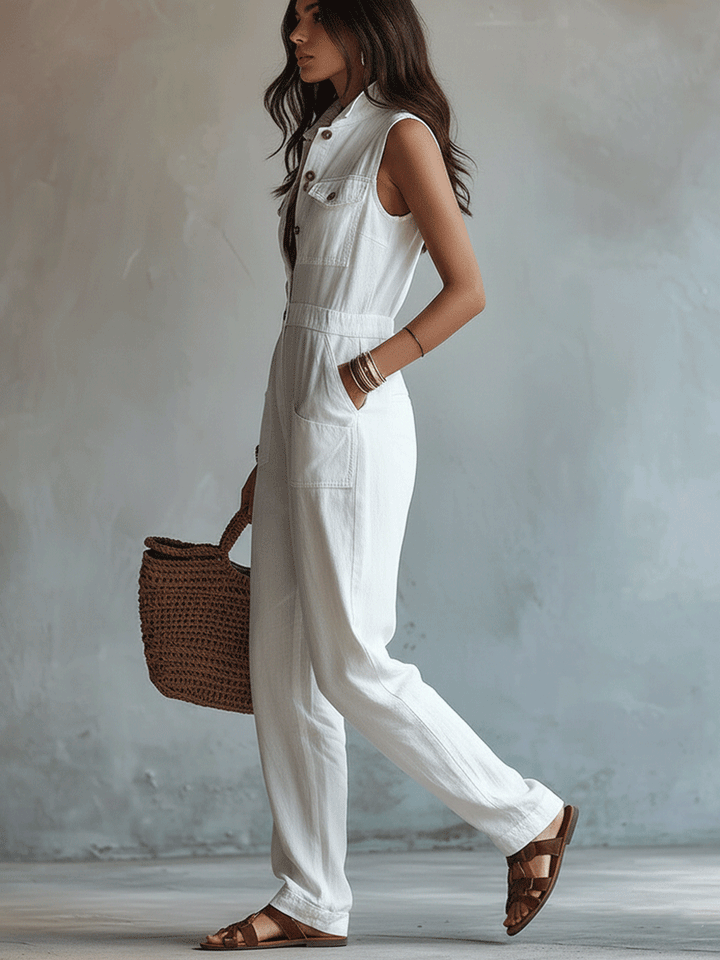 Witte Mouwloze Faux Katoen-Linnen Jumpsuit