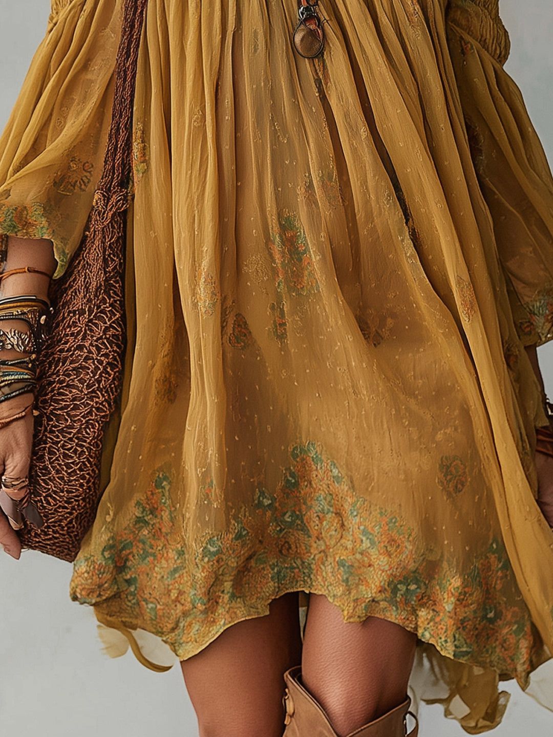 Geel Chiffon Bloem Off Shoulder Mini Jurk