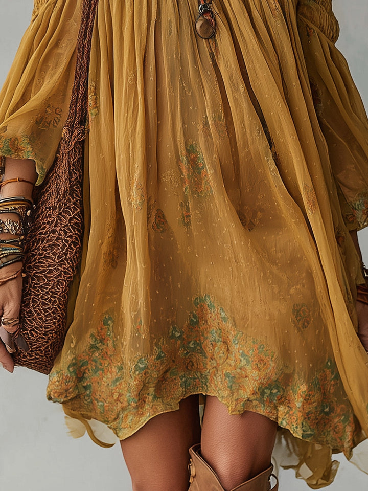 Geel Chiffon Bloem Off Shoulder Mini Jurk