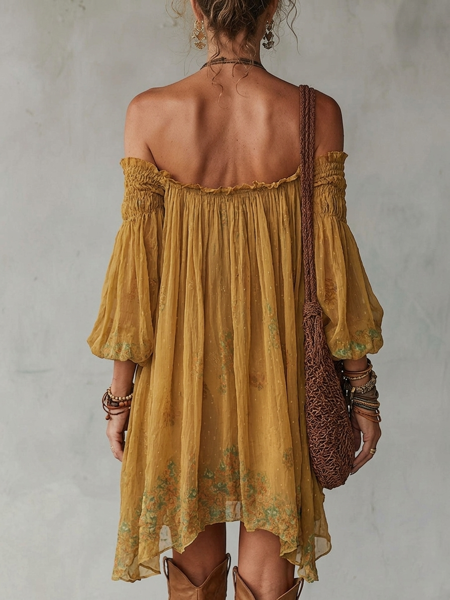 Geel Chiffon Bloem Off Shoulder Mini Jurk