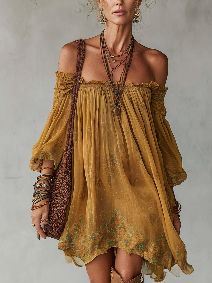 Geel Chiffon Bloem Off Shoulder Mini Jurk