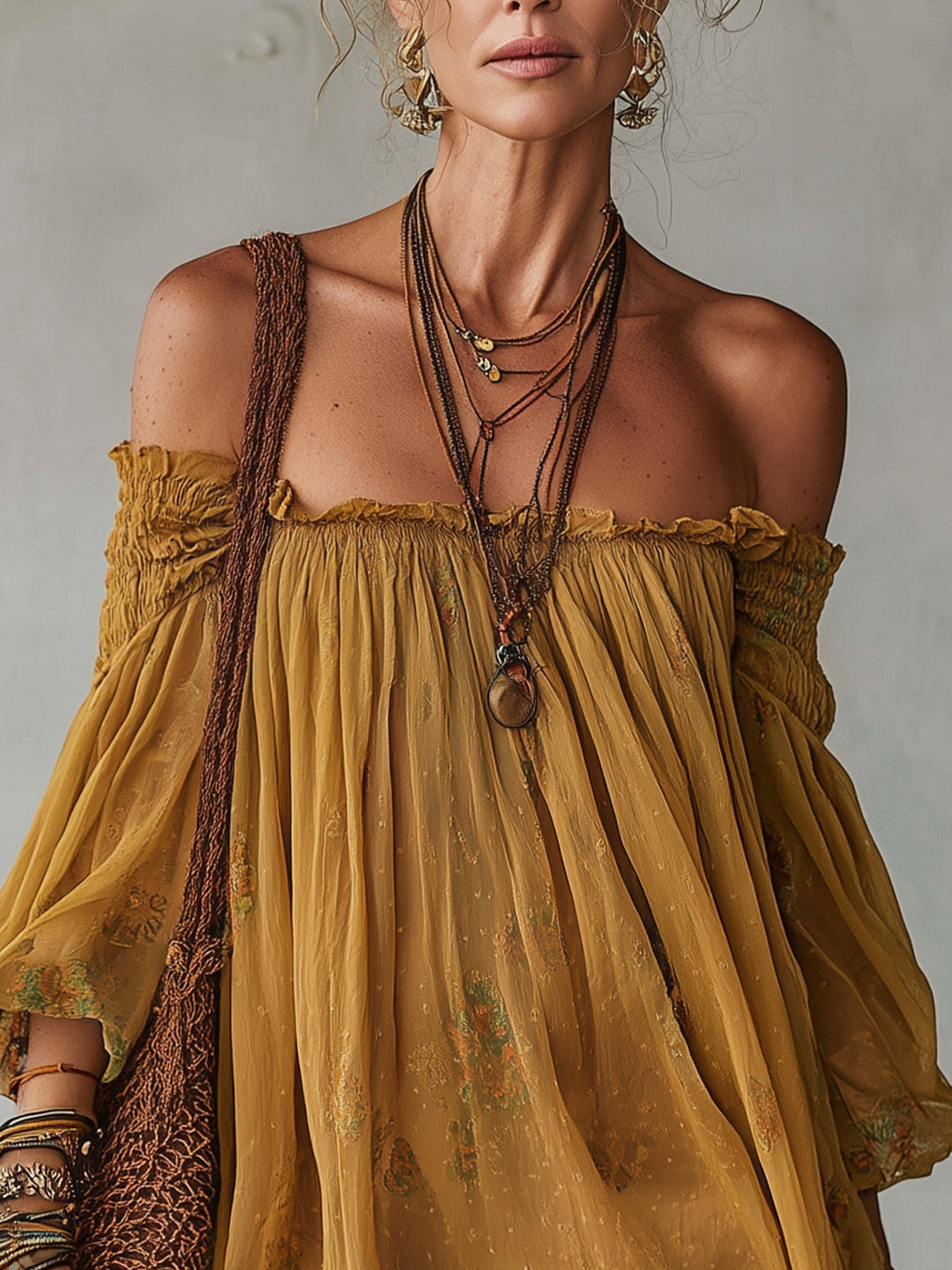 Geel Chiffon Bloem Off Shoulder Mini Jurk