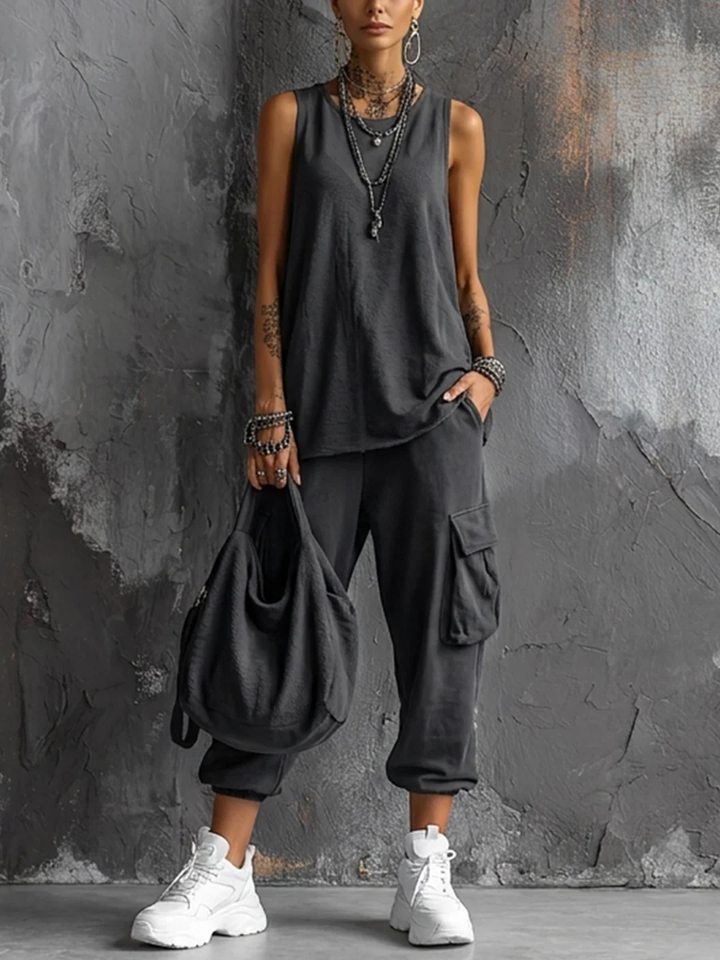 Donkergrijze Vest En Jogger Cargo Broek Casual Set