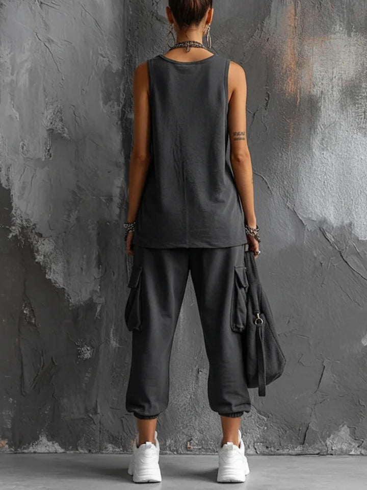 Donkergrijze Vest En Jogger Cargo Broek Casual Set