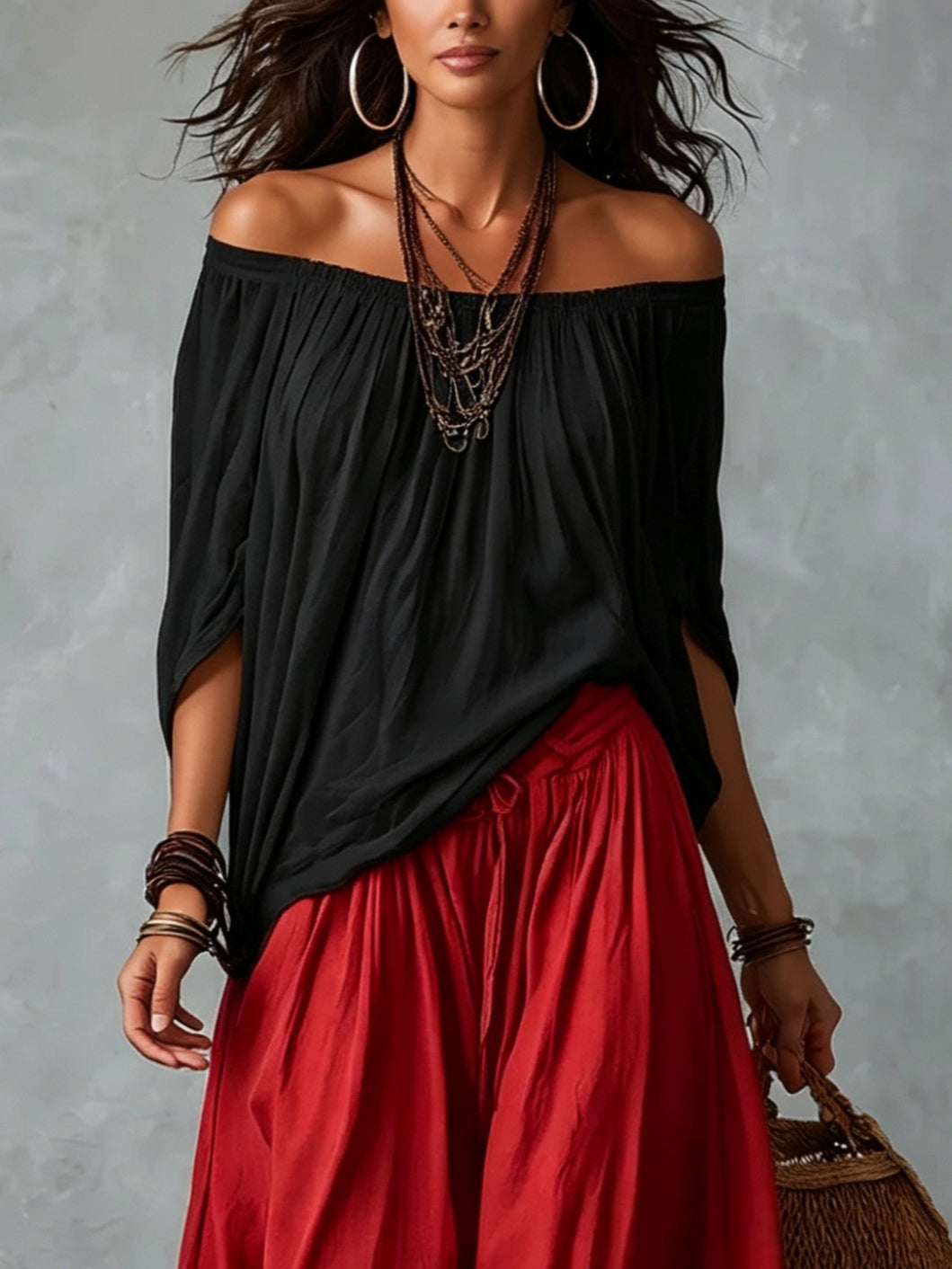 Zwarte Off-shoulder Top En Rode Loszittende Lantaarnbroek Set