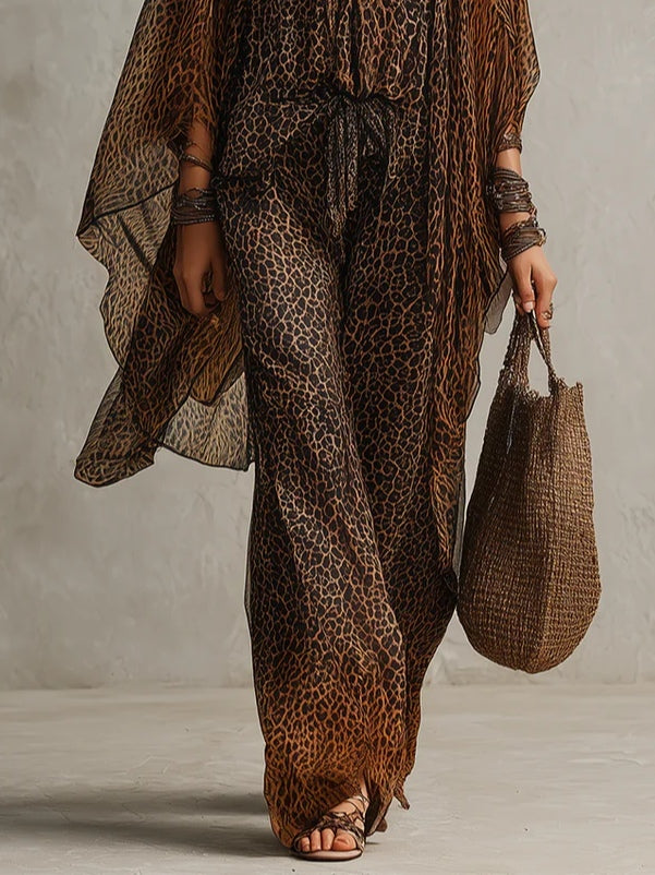 Bohemian Gradient Luipaardprint Vloeiende Robe Drie-delige Set