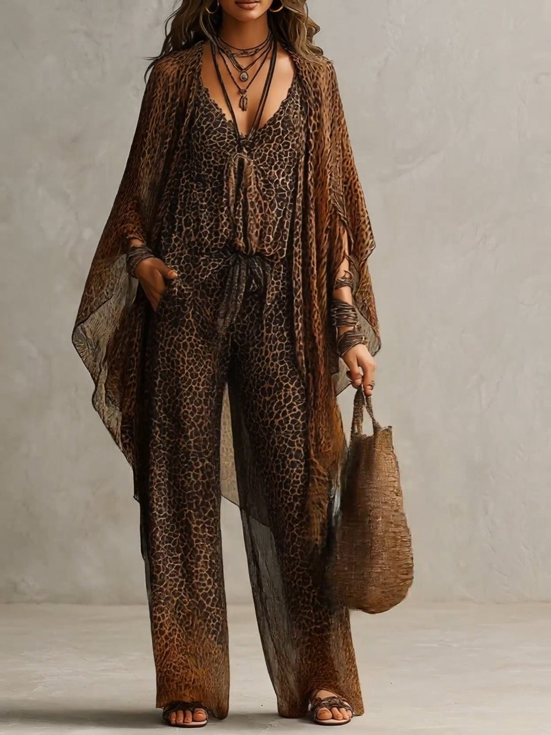 Bohemian Gradient Luipaardprint Vloeiende Robe Drie-delige Set