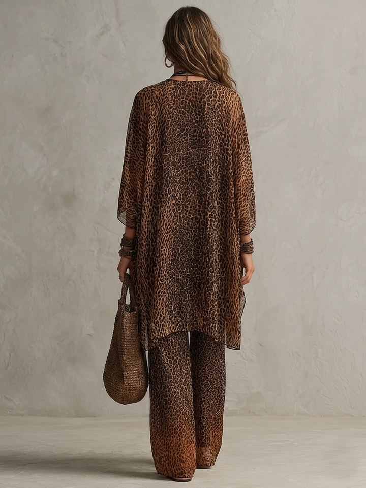 Bohemian Gradient Luipaardprint Vloeiende Robe Drie-delige Set