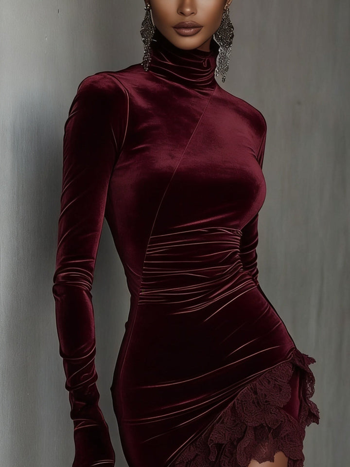 Bordeaux Velours Turtleneck Kanten Zoom Aansluitend Mini Jurk
