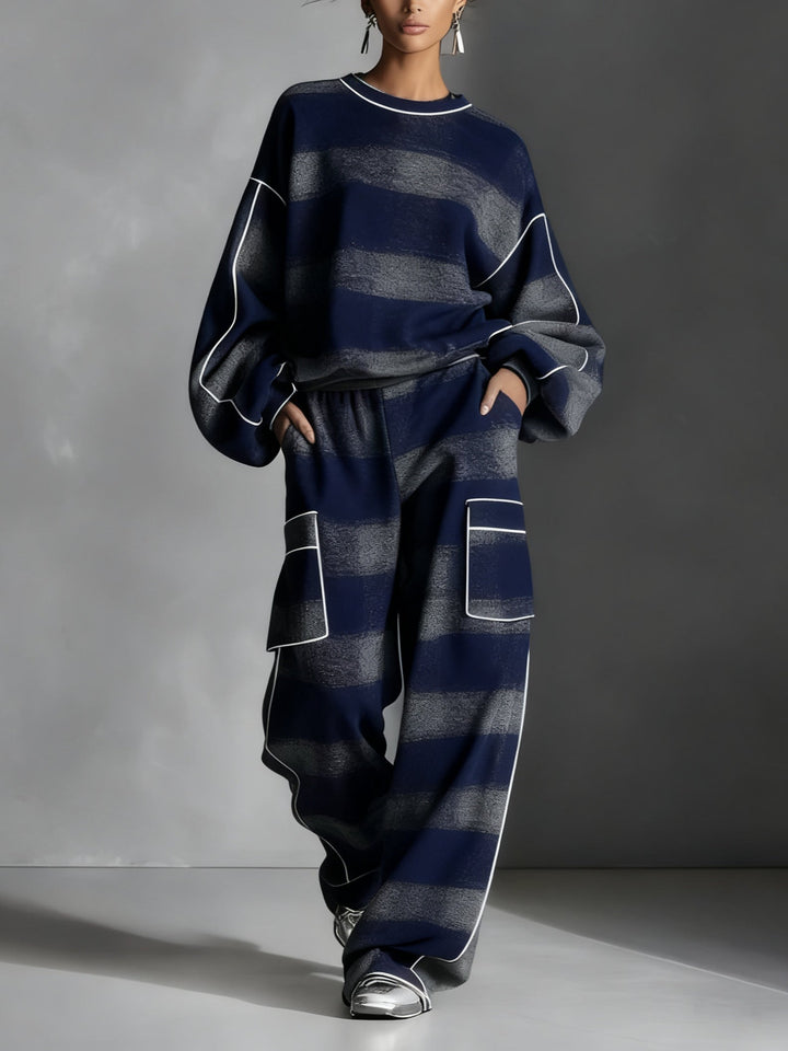 Blauwe en Grijze Ruitkleur Blok Sweater en Casual Broek Set van Twee Stukken