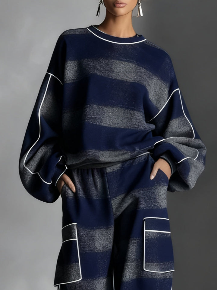 Blauwe en Grijze Ruitkleur Blok Sweater en Casual Broek Set van Twee Stukken