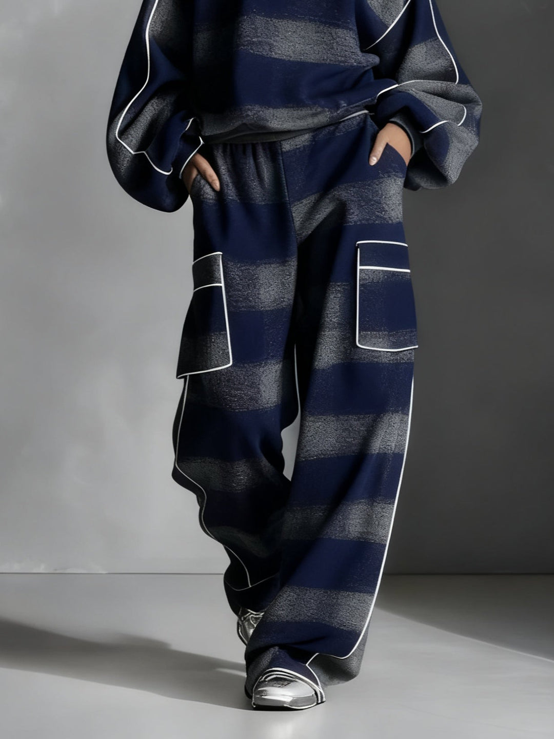 Blauwe en Grijze Ruitkleur Blok Sweater en Casual Broek Set van Twee Stukken