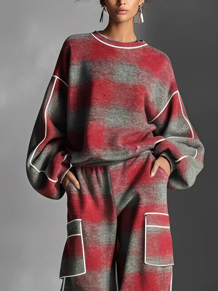 Rood en Grijs Geruite Kleur-geblokkeerde Sweatshirt en Casual Broek Twee-delig Set