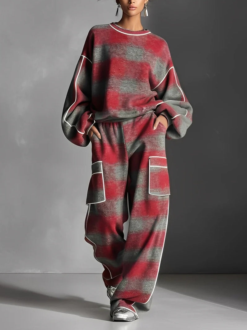 Rood en Grijs Geruite Kleur-geblokkeerde Sweatshirt en Casual Broek Twee-delig Set