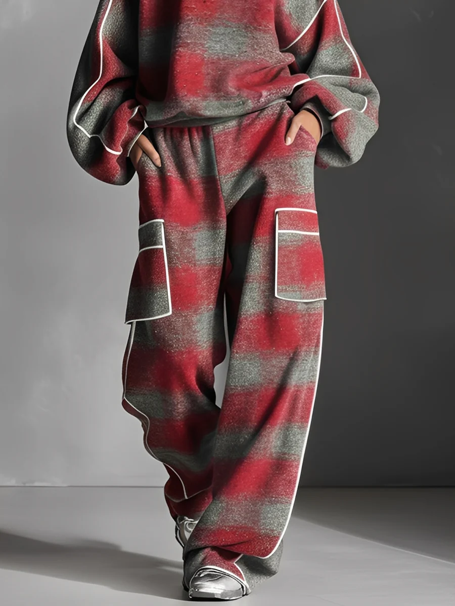 Rood en Grijs Geruite Kleur-geblokkeerde Sweatshirt en Casual Broek Twee-delig Set