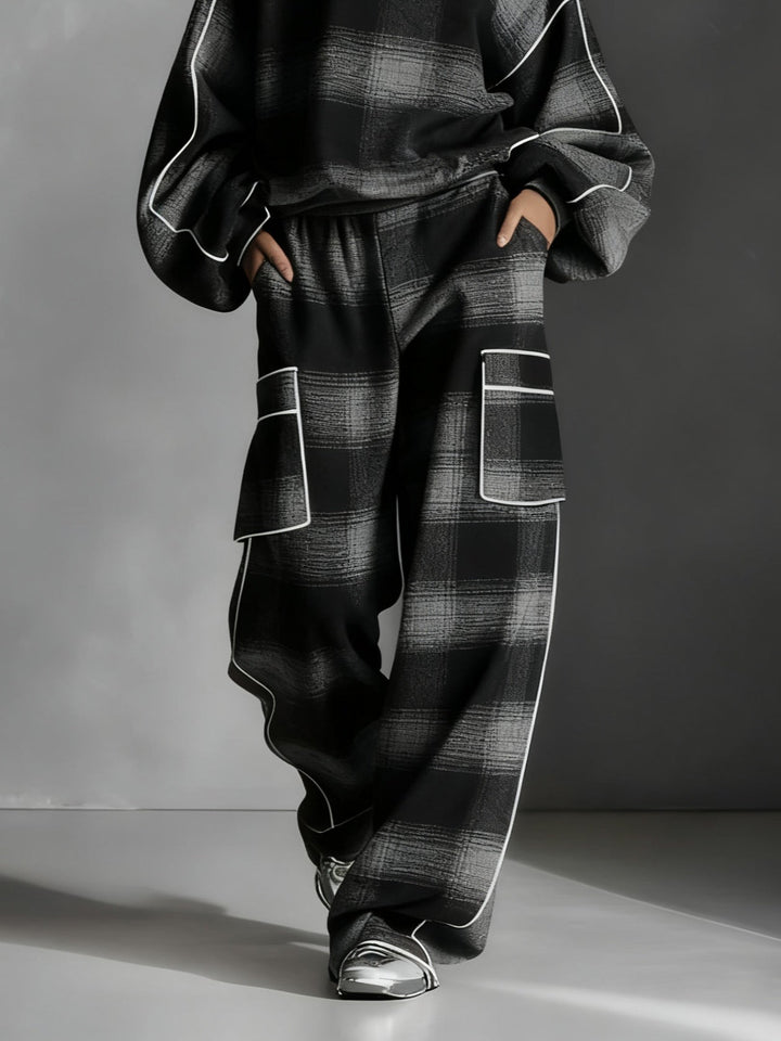 Zwart en Grijs Geruite Kleurgebroken Sweatshirt en Casual Broek Twee-delige Set