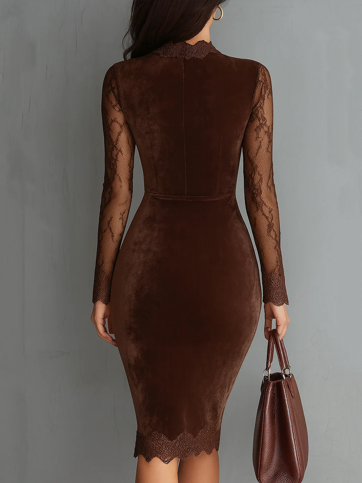 Bruine Vintage Sleutelgat Halslijn Kant Mouw Fluwelen Mini Jurk