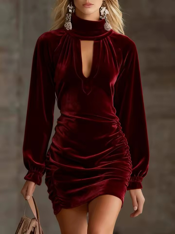 Velvet Hoge Hals Cutout Rimpel Mini Jurk