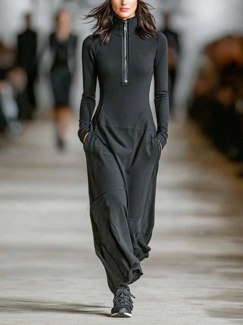 Zwarte Turtleneck Rits Loose-fitting Casual Maxi Jurk