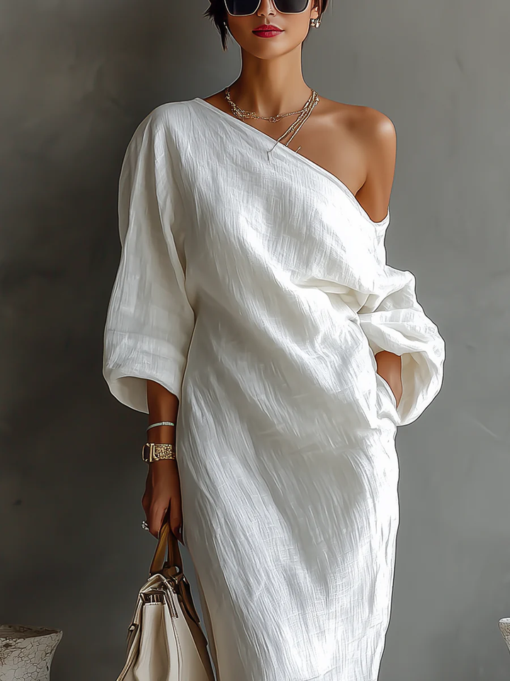 Witte Eén-Schouder Vloeiende Elegante Maxi Jurk (Geen zakken)