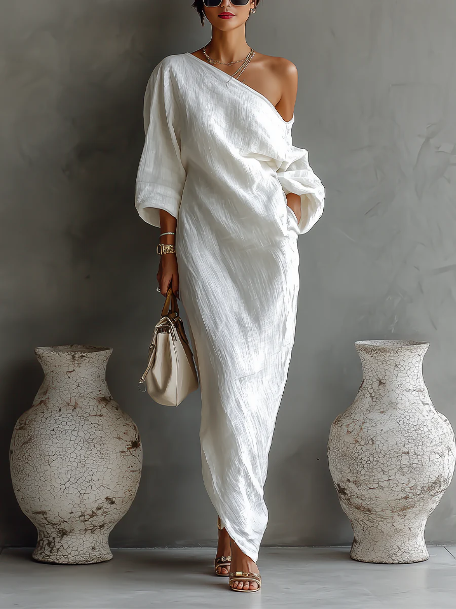 Witte Eén-Schouder Vloeiende Elegante Maxi Jurk (Geen zakken)