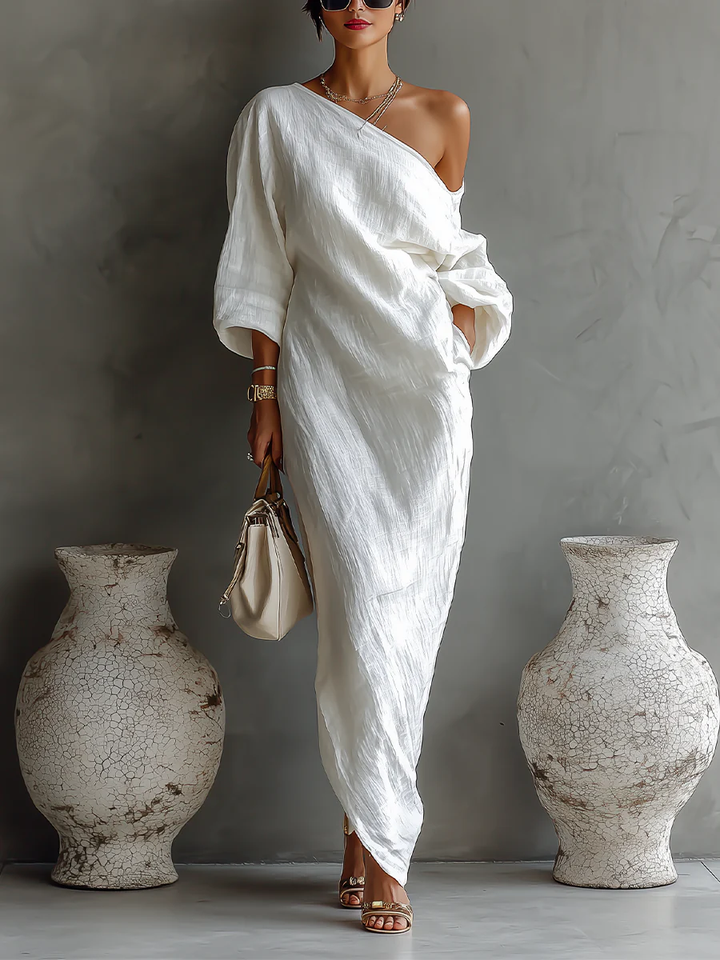 Witte Eén-Schouder Vloeiende Elegante Maxi Jurk (Geen zakken)