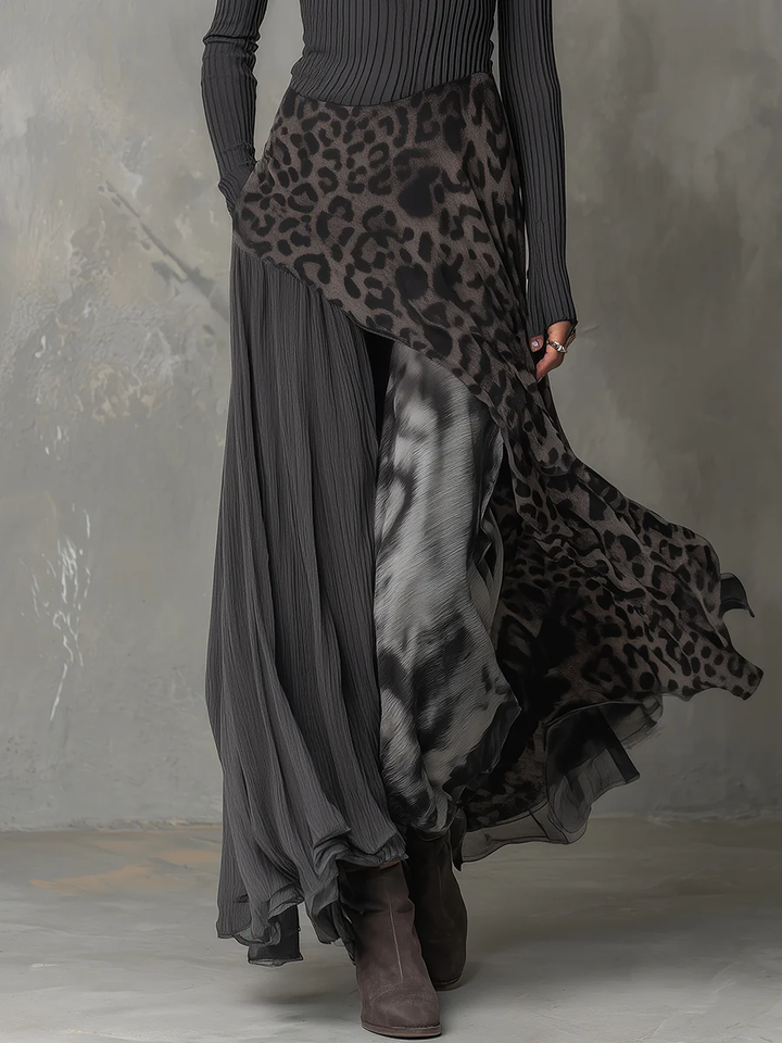 Grijze Pit Stripe Luipaardprint Splicing Ongelijke Zoom Maxi Jurk