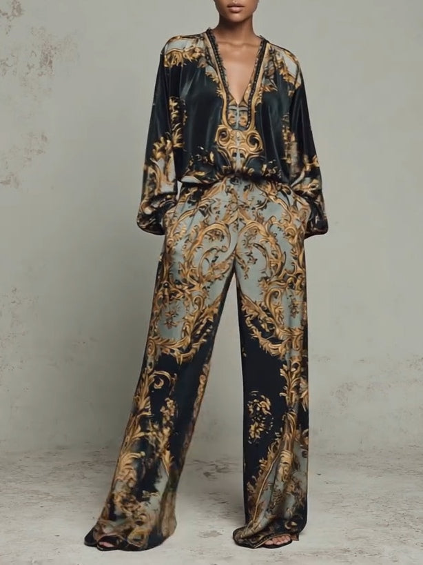 Barok Ornate Bloemenprint Top En Wijde Broek Casual Pak
