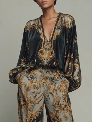 Barok Ornate Bloemenprint Top En Wijde Broek Casual Pak