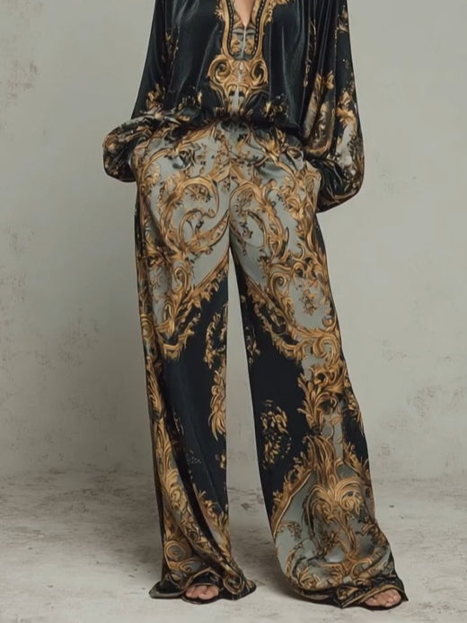 Barok Ornate Bloemenprint Top En Wijde Broek Casual Pak